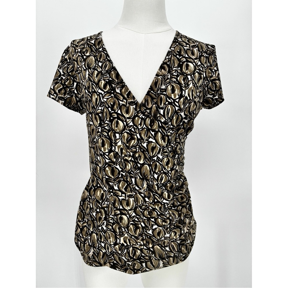 Geoffrey Beene Sport Medium V-Neck Short Sleeve Blouse Earthy Geometric Print